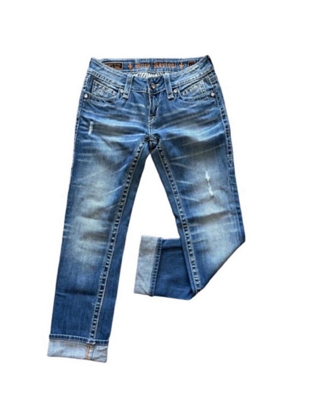 Rock Revival Noelle Low Rise Cropped Jeans Size 27 Embroidered